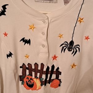 Karen Scott White Halloween Henley Top  Pumpkin Spider Fall